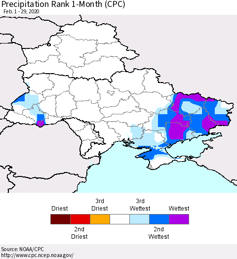 Ukraine, Moldova and Belarus Precipitation Rank since 1981, 1-Month (CPC) Thematic Map For 2/1/2020 - 2/29/2020