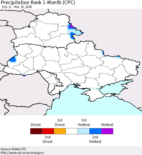 Ukraine, Moldova and Belarus Precipitation Rank 1-Month (CPC) Thematic Map For 2/11/2020 - 3/10/2020