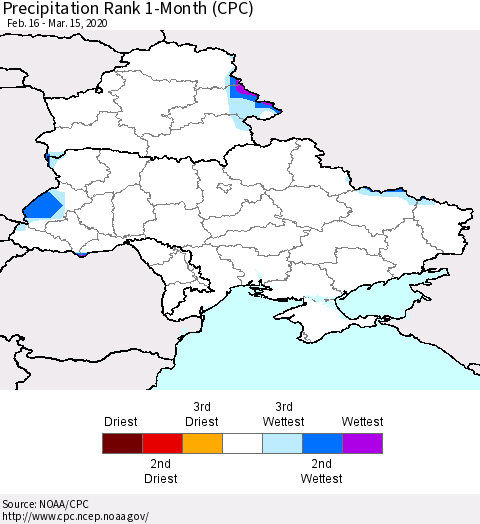 Ukraine, Moldova and Belarus Precipitation Rank 1-Month (CPC) Thematic Map For 2/16/2020 - 3/15/2020