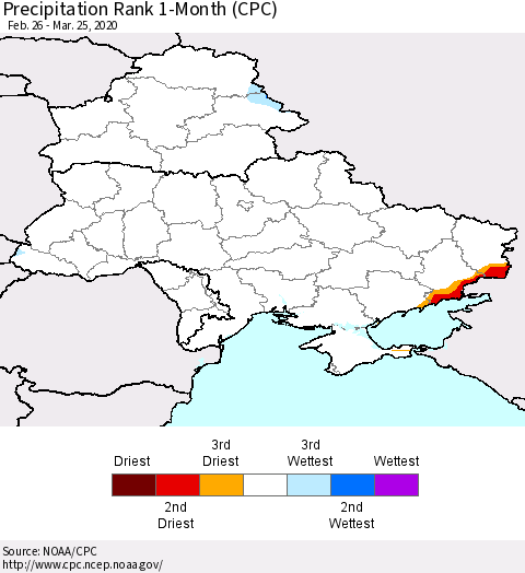 Ukraine, Moldova and Belarus Precipitation Rank 1-Month (CPC) Thematic Map For 2/26/2020 - 3/25/2020