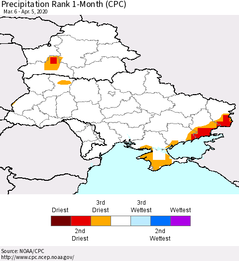 Ukraine, Moldova and Belarus Precipitation Rank 1-Month (CPC) Thematic Map For 3/6/2020 - 4/5/2020