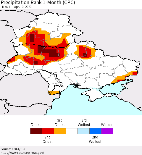 Ukraine, Moldova and Belarus Precipitation Rank since 1981, 1-Month (CPC) Thematic Map For 3/11/2020 - 4/10/2020