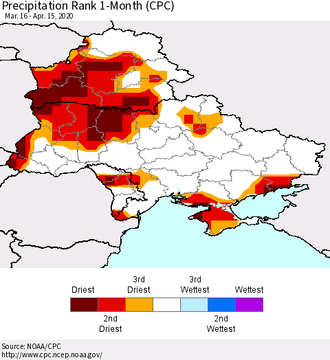 Ukraine, Moldova and Belarus Precipitation Rank since 1981, 1-Month (CPC) Thematic Map For 3/16/2020 - 4/15/2020