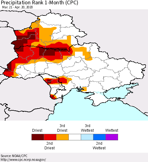 Ukraine, Moldova and Belarus Precipitation Rank 1-Month (CPC) Thematic Map For 3/21/2020 - 4/20/2020