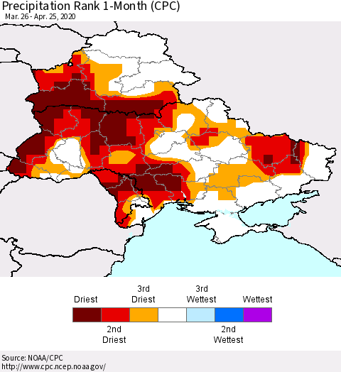 Ukraine, Moldova and Belarus Precipitation Rank 1-Month (CPC) Thematic Map For 3/26/2020 - 4/25/2020