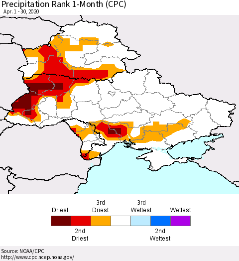 Ukraine, Moldova and Belarus Precipitation Rank since 1981, 1-Month (CPC) Thematic Map For 4/1/2020 - 4/30/2020