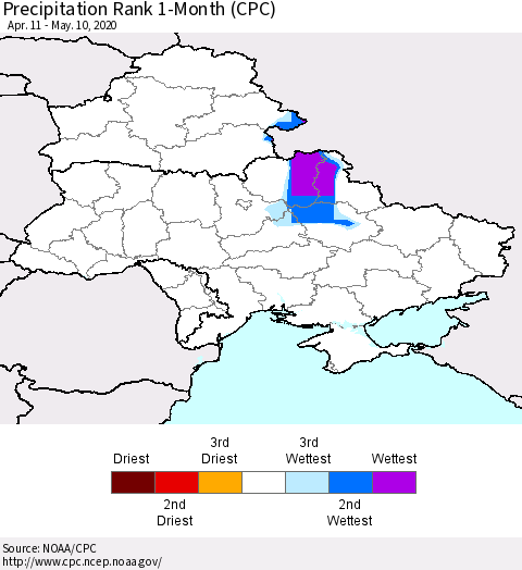 Ukraine, Moldova and Belarus Precipitation Rank since 1981, 1-Month (CPC) Thematic Map For 4/11/2020 - 5/10/2020