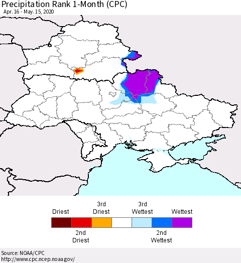 Ukraine, Moldova and Belarus Precipitation Rank 1-Month (CPC) Thematic Map For 4/16/2020 - 5/15/2020