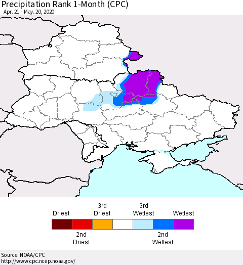 Ukraine, Moldova and Belarus Precipitation Rank since 1981, 1-Month (CPC) Thematic Map For 4/21/2020 - 5/20/2020