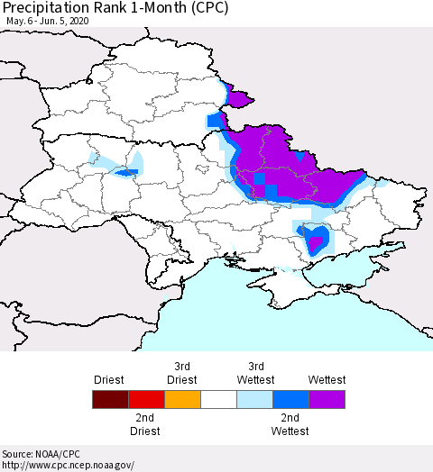 Ukraine, Moldova and Belarus Precipitation Rank since 1981, 1-Month (CPC) Thematic Map For 5/6/2020 - 6/5/2020