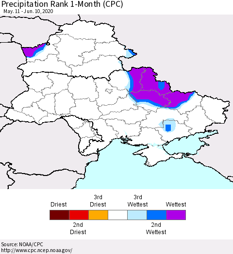 Ukraine, Moldova and Belarus Precipitation Rank 1-Month (CPC) Thematic Map For 5/11/2020 - 6/10/2020