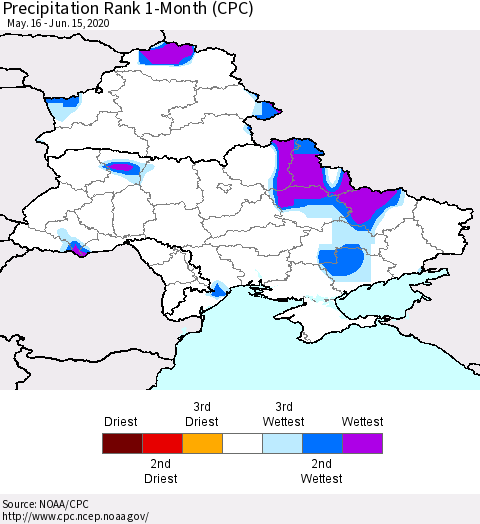 Ukraine, Moldova and Belarus Precipitation Rank 1-Month (CPC) Thematic Map For 5/16/2020 - 6/15/2020