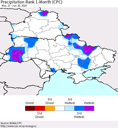 Ukraine, Moldova and Belarus Precipitation Rank since 1981, 1-Month (CPC) Thematic Map For 5/21/2020 - 6/20/2020