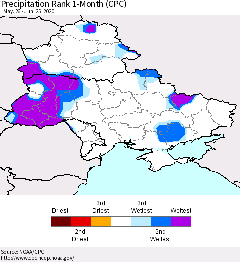 Ukraine, Moldova and Belarus Precipitation Rank since 1981, 1-Month (CPC) Thematic Map For 5/26/2020 - 6/25/2020
