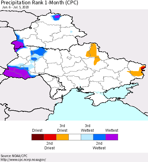 Ukraine, Moldova and Belarus Precipitation Rank 1-Month (CPC) Thematic Map For 6/6/2020 - 7/5/2020