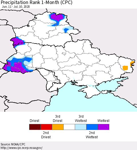 Ukraine, Moldova and Belarus Precipitation Rank 1-Month (CPC) Thematic Map For 6/11/2020 - 7/10/2020