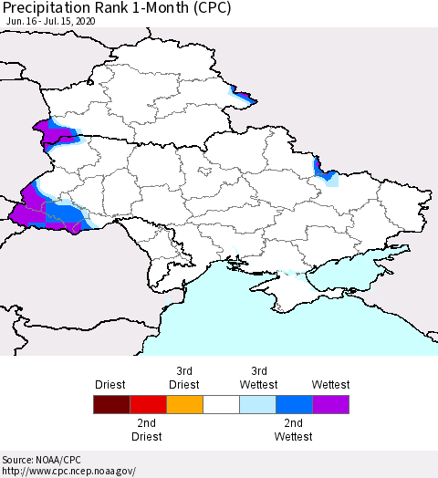 Ukraine, Moldova and Belarus Precipitation Rank 1-Month (CPC) Thematic Map For 6/16/2020 - 7/15/2020