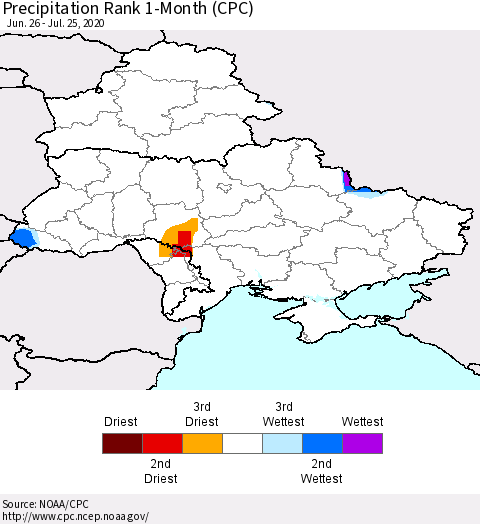 Ukraine, Moldova and Belarus Precipitation Rank 1-Month (CPC) Thematic Map For 6/26/2020 - 7/25/2020