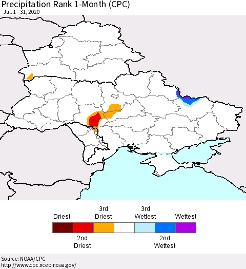 Ukraine, Moldova and Belarus Precipitation Rank 1-Month (CPC) Thematic Map For 7/1/2020 - 7/31/2020