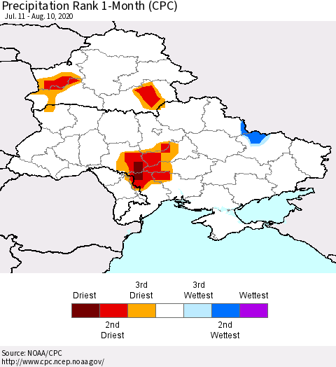 Ukraine, Moldova and Belarus Precipitation Rank 1-Month (CPC) Thematic Map For 7/11/2020 - 8/10/2020