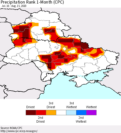 Ukraine, Moldova and Belarus Precipitation Rank 1-Month (CPC) Thematic Map For 7/16/2020 - 8/15/2020