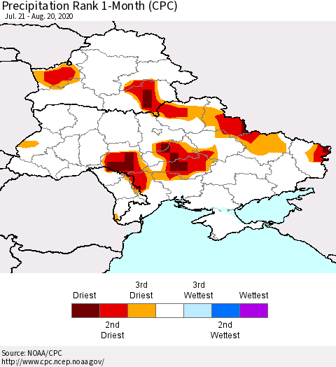 Ukraine, Moldova and Belarus Precipitation Rank 1-Month (CPC) Thematic Map For 7/21/2020 - 8/20/2020
