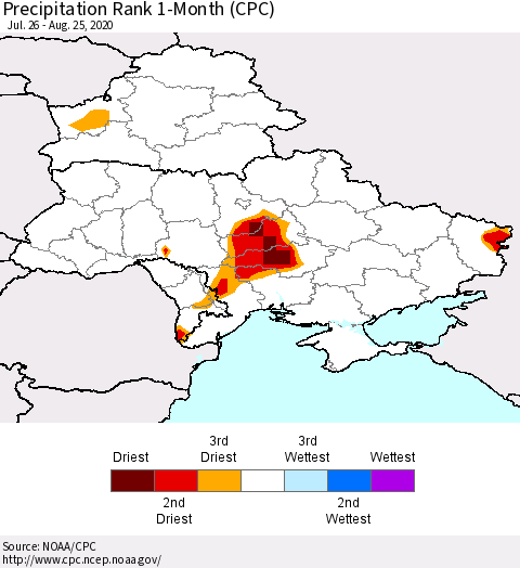 Ukraine, Moldova and Belarus Precipitation Rank 1-Month (CPC) Thematic Map For 7/26/2020 - 8/25/2020