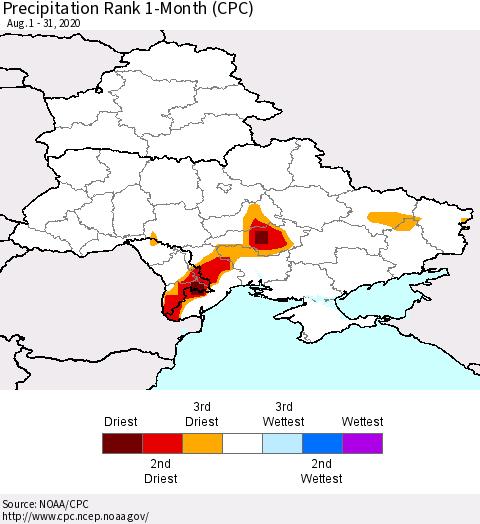 Ukraine, Moldova and Belarus Precipitation Rank 1-Month (CPC) Thematic Map For 8/1/2020 - 8/31/2020