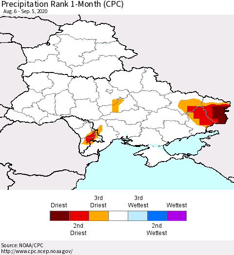 Ukraine, Moldova and Belarus Precipitation Rank 1-Month (CPC) Thematic Map For 8/6/2020 - 9/5/2020