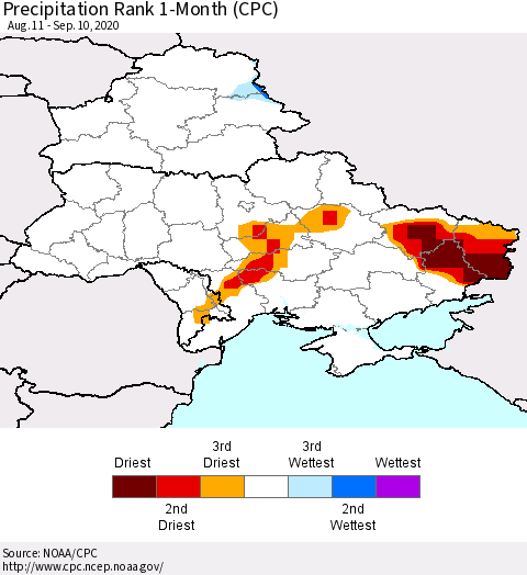Ukraine, Moldova and Belarus Precipitation Rank 1-Month (CPC) Thematic Map For 8/11/2020 - 9/10/2020