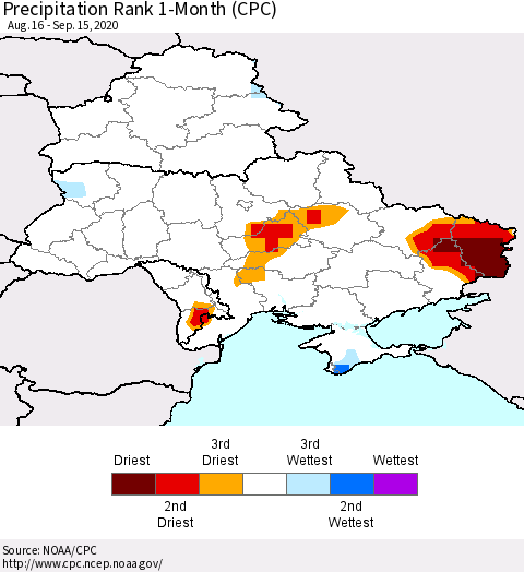 Ukraine, Moldova and Belarus Precipitation Rank since 1981, 1-Month (CPC) Thematic Map For 8/16/2020 - 9/15/2020