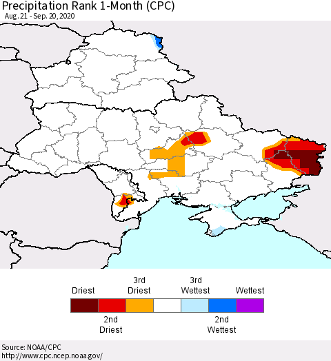 Ukraine, Moldova and Belarus Precipitation Rank 1-Month (CPC) Thematic Map For 8/21/2020 - 9/20/2020
