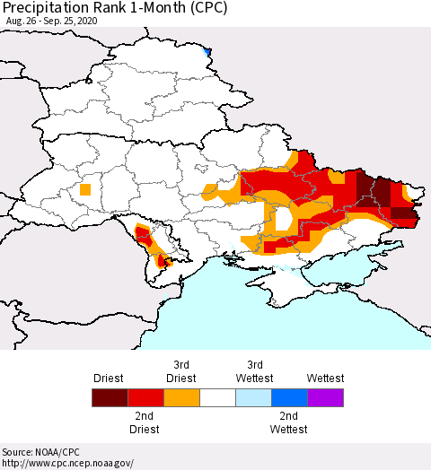 Ukraine, Moldova and Belarus Precipitation Rank 1-Month (CPC) Thematic Map For 8/26/2020 - 9/25/2020