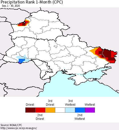Ukraine, Moldova and Belarus Precipitation Rank 1-Month (CPC) Thematic Map For 9/1/2020 - 9/30/2020