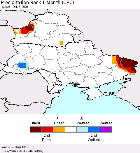 Ukraine, Moldova and Belarus Precipitation Rank since 1981, 1-Month (CPC) Thematic Map For 9/6/2020 - 10/5/2020
