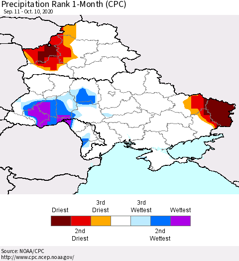Ukraine, Moldova and Belarus Precipitation Rank since 1981, 1-Month (CPC) Thematic Map For 9/11/2020 - 10/10/2020