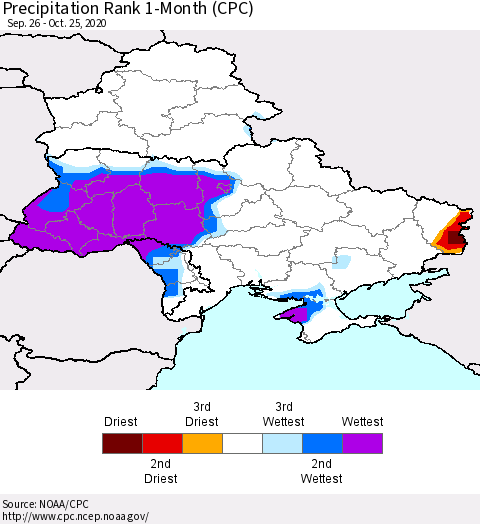 Ukraine, Moldova and Belarus Precipitation Rank 1-Month (CPC) Thematic Map For 9/26/2020 - 10/25/2020