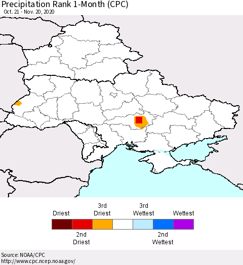 Ukraine, Moldova and Belarus Precipitation Rank 1-Month (CPC) Thematic Map For 10/21/2020 - 11/20/2020