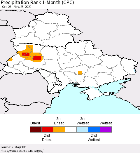 Ukraine, Moldova and Belarus Precipitation Rank since 1981, 1-Month (CPC) Thematic Map For 10/26/2020 - 11/25/2020