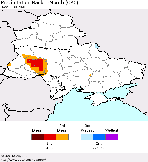 Ukraine, Moldova and Belarus Precipitation Rank 1-Month (CPC) Thematic Map For 11/1/2020 - 11/30/2020