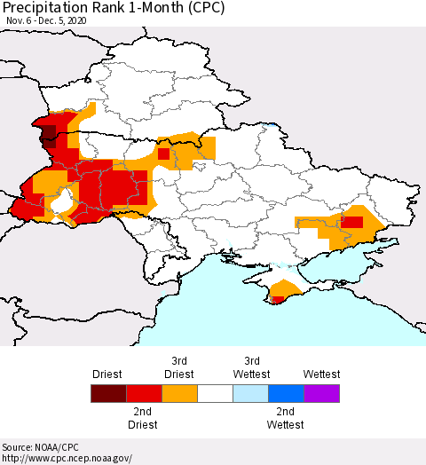 Ukraine, Moldova and Belarus Precipitation Rank 1-Month (CPC) Thematic Map For 11/6/2020 - 12/5/2020