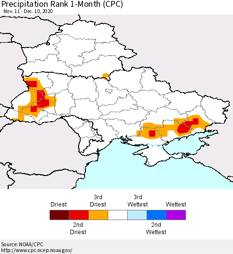 Ukraine, Moldova and Belarus Precipitation Rank 1-Month (CPC) Thematic Map For 11/11/2020 - 12/10/2020