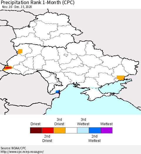 Ukraine, Moldova and Belarus Precipitation Rank 1-Month (CPC) Thematic Map For 11/16/2020 - 12/15/2020