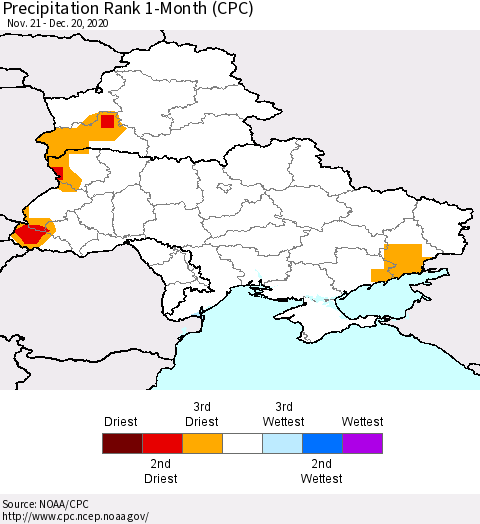 Ukraine, Moldova and Belarus Precipitation Rank 1-Month (CPC) Thematic Map For 11/21/2020 - 12/20/2020