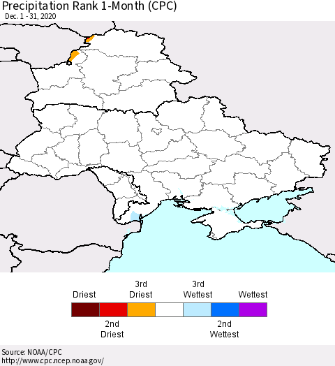Ukraine, Moldova and Belarus Precipitation Rank 1-Month (CPC) Thematic Map For 12/1/2020 - 12/31/2020