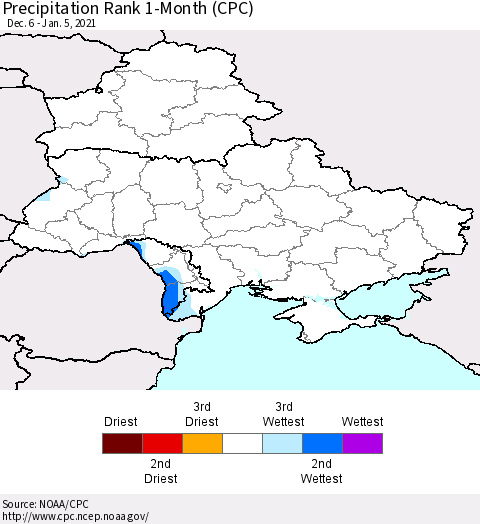 Ukraine, Moldova and Belarus Precipitation Rank 1-Month (CPC) Thematic Map For 12/6/2020 - 1/5/2021