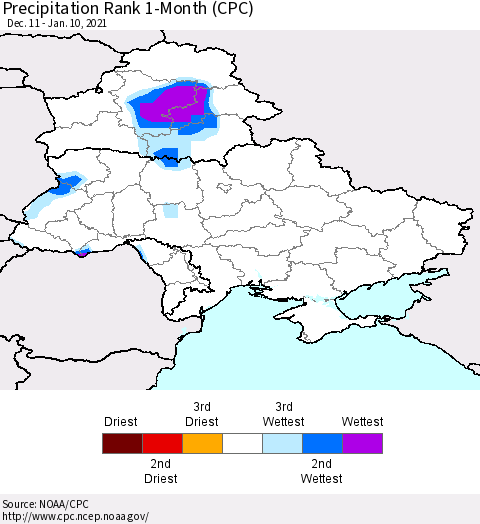 Ukraine, Moldova and Belarus Precipitation Rank 1-Month (CPC) Thematic Map For 12/11/2020 - 1/10/2021