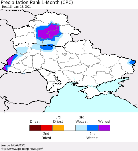 Ukraine, Moldova and Belarus Precipitation Rank 1-Month (CPC) Thematic Map For 12/16/2020 - 1/15/2021