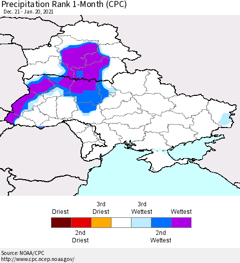 Ukraine, Moldova and Belarus Precipitation Rank 1-Month (CPC) Thematic Map For 12/21/2020 - 1/20/2021