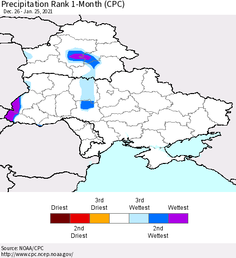 Ukraine, Moldova and Belarus Precipitation Rank 1-Month (CPC) Thematic Map For 12/26/2020 - 1/25/2021